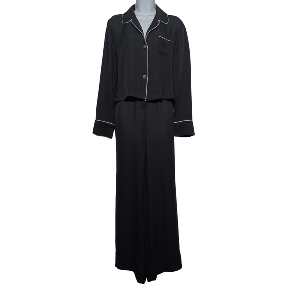 NEW RELATIVE PI 100% Silk Pajama Set Black White Trim Long Sleeve Button Front